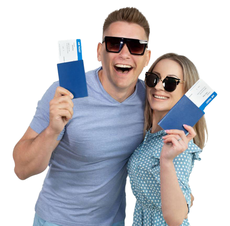 A happy man and woman standing side by side and holding passports and tickets. They are smiling and appear excited, suggesting they are ready for an upcoming trip or adventure.
