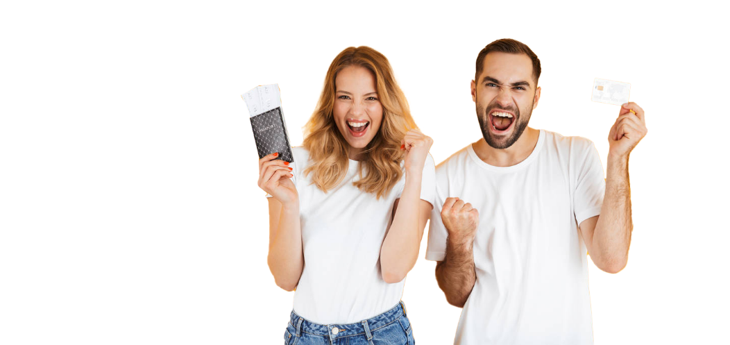 Image of delighted couple rejoicing while holding credit card and passport with travel tickets.